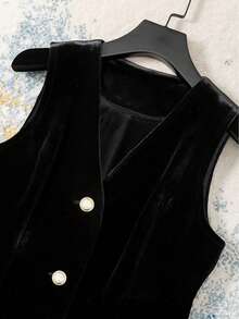 Women's Elegant Sleeveless Velvet Blazer Jacket, Suitable For Commuting, Autumn/Winter - Black - View 4
