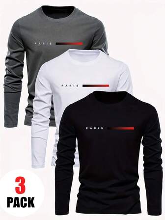 3 piezas Camisetas de manga larga con cuello redondo y estampado casual para niños, ropa de otoño para estudiantes y jóvenes - Las llamativas camisetas de manga larga definitivamente harán sonreír a los niños