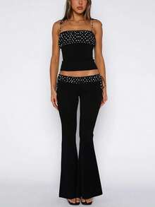Damen Patchwork Polka Dot Träger Top und Schnürung Weite Hose Zwei-Teiler Set Lässig Streetwear Club Urlaub Kleidung Sommer - dunkelschwarz - Übersicht 7