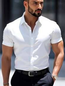 Stylish Men's Short-Sleeved Shirt With Lapel And Buttons For Summer. - White - View 2