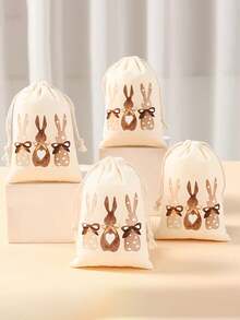 5pcs Easter Gift Bags, Linen-Like Drawstring Pocket Candy Egg Gift Packaging Storage Bags, 3 Brown Rabbit Candy Gift Bags, Suitable For Holiday Gifts, Spring/Summer Party Decor - Multicolor - View 2