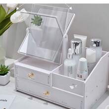Makeup Storage Box With Mirror, All-In-One Vanity Mirror Desk Organizer, Portable Makeup Mirror With Box