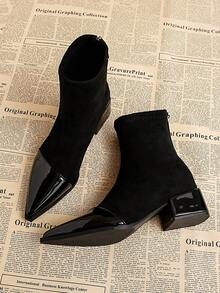 Elegant Patent Leather Patchwork Women's Ankle Boots, Pointed Toe Chunky Heel Zipper Closure Slim Fit Fashion Boots, 2025 Autumn/Winter New Classic Business Boots, Suitable For Street, Business, Party, Wedding, Nightclub, Masquerade Ball