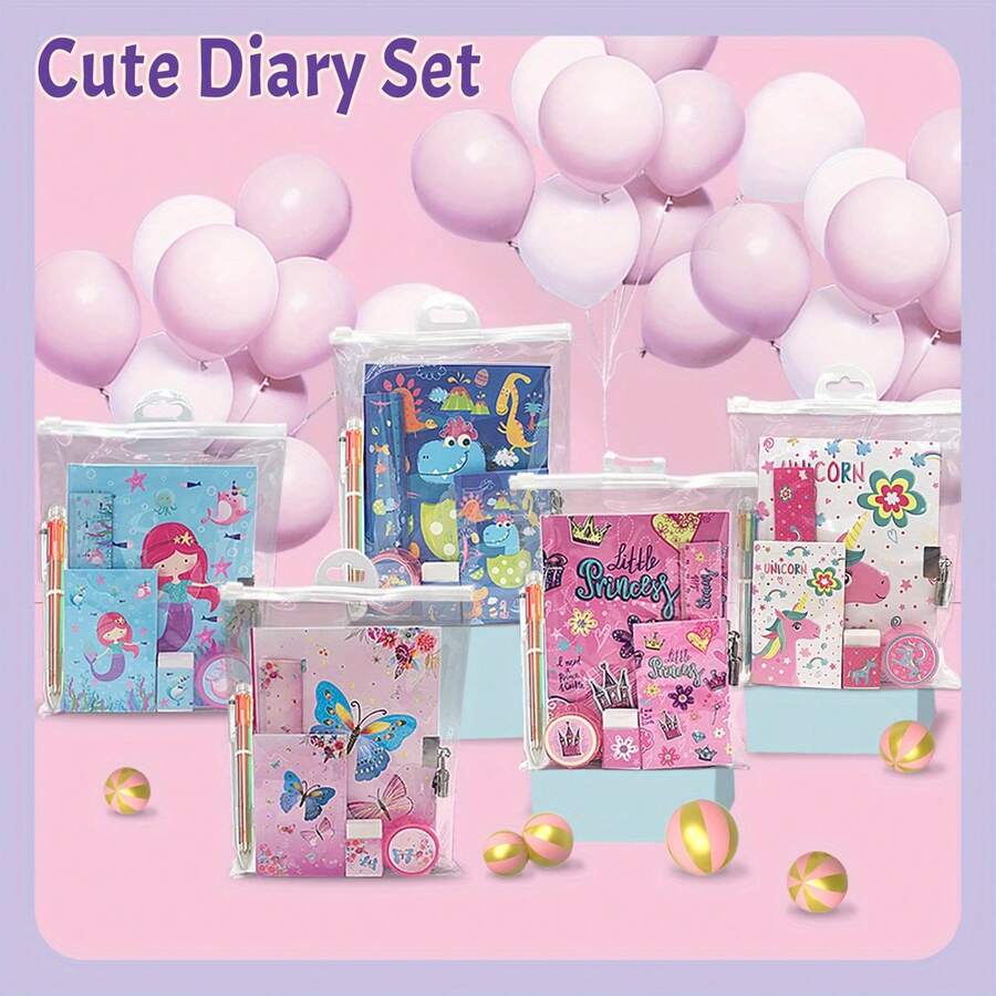 Lockable Princess Diary Set Kawaii - Cute Hardcover Doodle Notebook & 6 Pcs Stationery Kit | Gift For Teen Girls