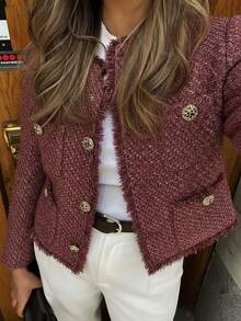 GMFP 女士春夏休闲优雅时尚宽松亮片装饰复古质感金属单排扣圆领红色短款粗花呢外套，适合音乐节/婚礼季穿着 - 紅色 - 查看 3