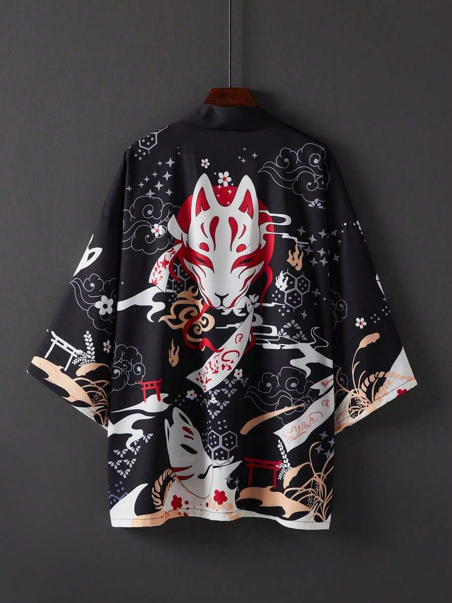 日式复古宽松七分袖印花和服罩衫，休闲沙滩度假泳装罩衫，夏季轻薄和服外套