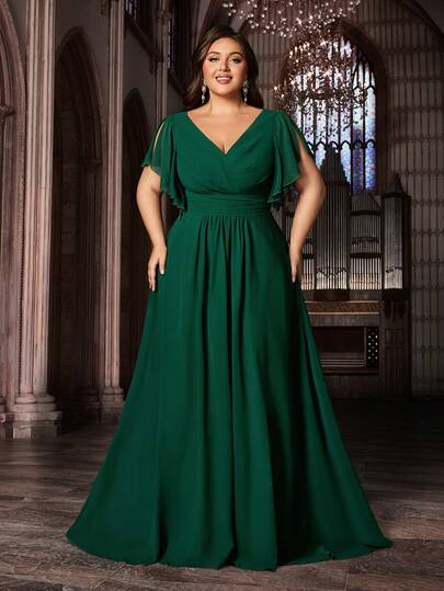 大码女士优雅雪纺伴娘礼服，纯色深V领长款晚礼服