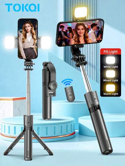 TOKQI Selfie Stick Tripod, With Optional Fill Light, Portable & Telescopic, Extendable Selfie Stick Tripod With Wireless Remote And Tripod Stand, Lightweight And Compact, Compatible With Various Device Models.