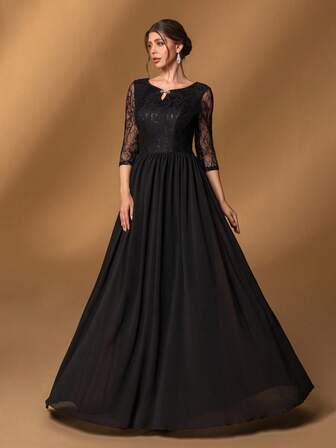 Faeriesty Elegante vestido de madre de la novia de cuello redondo y manga de siete cuartos con corte evasé y entrelazado de encaje intrincado: perfecto para bodas sofisticadas, galas formales, cenas elegantes, recepciones importantes y ceremonias prestigiosas