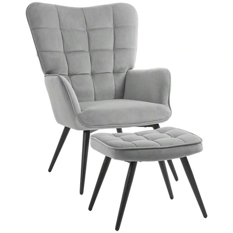 HOMCOM Armchair With Ottoman, Lounge Chair, Relaxation Chair, Upholstered Chair, Velvet Look, TV Chair, Dining Chair Up To 120 Kg, Light Grey, On Site - 1 - 查看 9