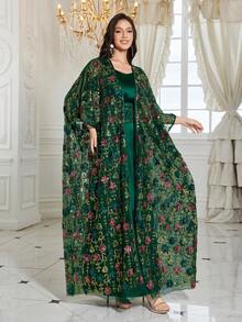 UNITHORSE Women's Round Neck Batwing Sleeve Sequin Contrast Mesh Embroidered Belt 2 Pieces Turkish Robe - Dark Green - View 1