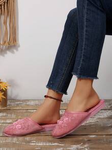 1 Pair Handmade Beaded Floral Retro Round Toe Slippers For Women, Comfortable Lightweight Indoor Slippers, Available In Black, Pink, And Multiple Colors, Plus Size - Watermelon Pink - View 4