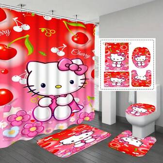  1-Piece/3 Pieces4-Piece Sanrio Hello Kitty Shower Curtain Set, Including A Shower Curtain With 12 Hooks, Non-Slip Bath Mat, U-Shaped Toilet Mat, Toilet Lid Cover, Bathroom Accessories, Spring Home Decor Rugs, Festive Gifts