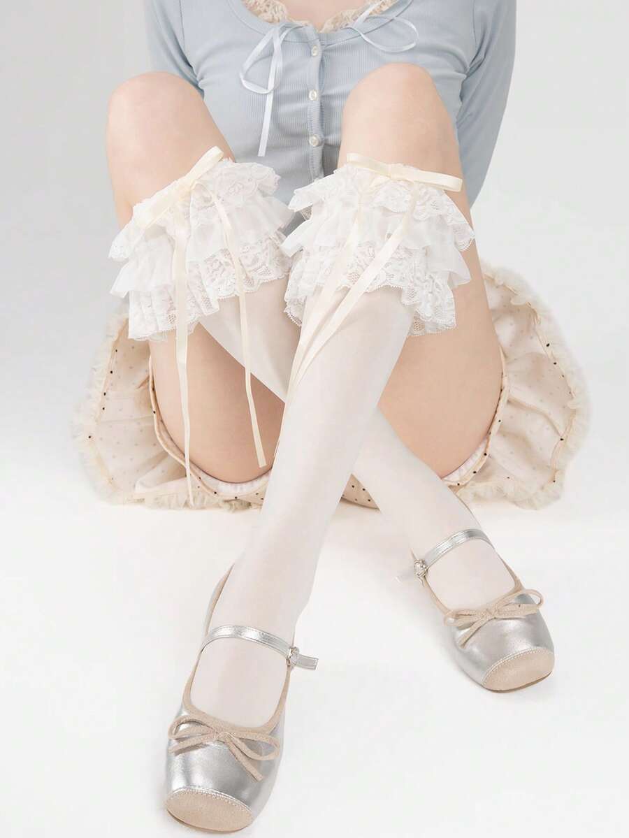 1双女士法式蕾丝蝴蝶结学院风可爱Y2K优雅性感小腿袜 - 彩色 - 查看 1