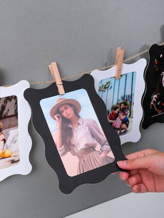 5개 물결 모양의 가장자리 사진 프레임 - 4x6인치, 클립과 황마 로프 포함, 가정 침실 거실용 벽걸이 6인치 사진 프레임, 창의적인 사진 벽 장식, 기념일 생일 파티 장식에 이상적