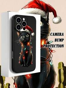 1PC Funda de teléfono TPU con diseño de gato negro con gorro navideño y luces de colores, estilo festivo y adorable, protección para lente, resistente a caídas, textura mate suave, ideal para mujeres, amantes de mascotas y celebraciones navideñas, regalo especial, compatible con iPhone16/15/14/13/12/11/XS/XR/X/PLUS/PRO/PROMAX, compatible con Galaxy A21/A24/A25/A32/A34/A35/A54/A55, Galaxy S20/S21/S22/S23/S24 Ultra, agarre cómodo, regalo de temporada para amigos, novia, novio, familia - Negro - Ver 4