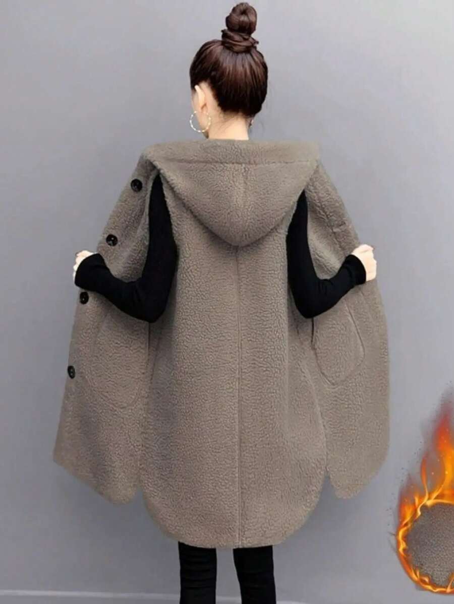 ビッグサイズのラムウールベスト 女性用秋冬用 フード付き マッチしやすいミディアムロング丈 フリース厚手 カーディガン ルーズアウター - アプリコット - チェックする 1