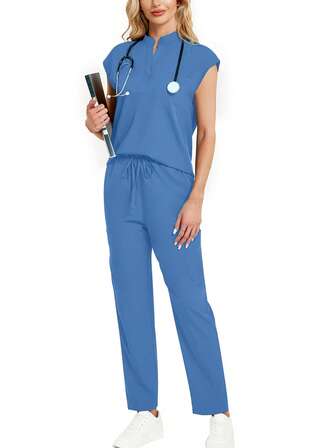 2pcs/Set Solid Color Notched Neck Top And Pants Hospital Uniform Scrub Set
