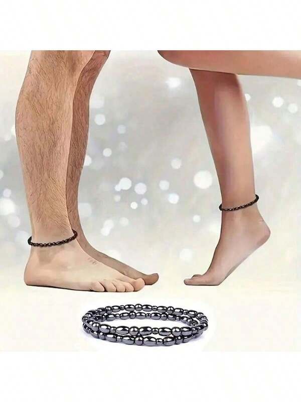 1pc Magnetic Bead Anklet Bracelet, Black Stone Anklet For Men And Women