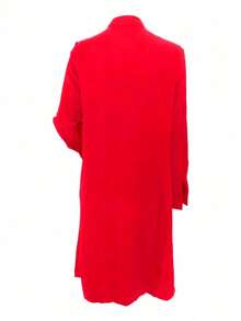 Women's Solid Color Casual Long Sleeve Dress With Pockets - Red - View 2