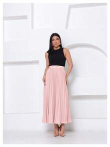 LXC Women's Pleated Skirt, Women's Vintage Midi Skirt, Elegant High-Waisted Long Skirt, Simple, Casual, Pleated, Office, Wedding - 淺粉色 - 查看 3