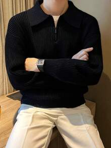 1pc Boys & Teens' Simple Solid Color Comfortable Casual Outdoor Zip-Up Warm Thick Knit Sweater, Spring/Autumn/Winter - 黑色 - 查看 4