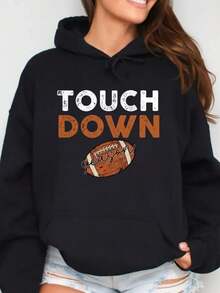 Women's TOUCH American Football Graphic Hoodie - Touchdown Lettering & Football Logo, Black Hooded Pullover Sweatshirt With Pocket, Machine Washable Game Day Outfit, Casual Winter Wear For Football Fans, Team Spirit Apparel - 風格 - 查看 2