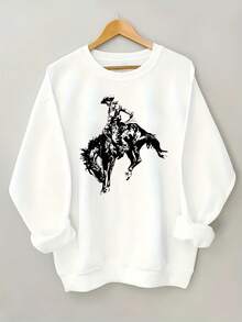 Plus Size - Plus-Size Women'S Oversized Cowboy Riding Horse Graphic Sweatshirt - Western-Themed Long Sleeve Pullover With Round Neck, Soft Warm Fabric For Fall Winter Casual Wear, Western Style Sweater For Everyday & Themed Events (Black & White Desgifts For Mom-Free Shipping - 白色 - 查看 1