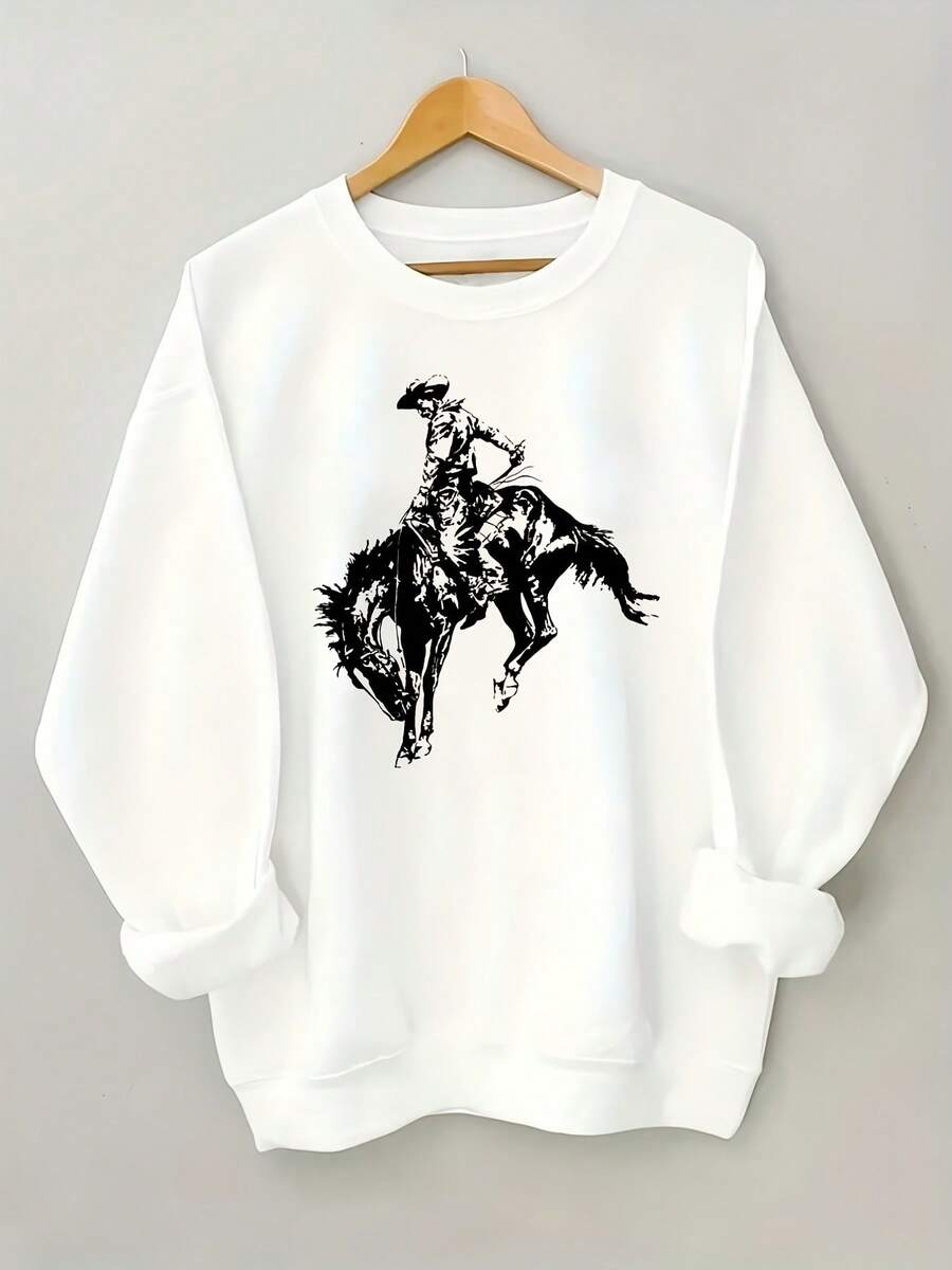 Plus Size - Plus-Size Women'S Oversized Cowboy Riding Horse Graphic Sweatshirt - Western-Themed Long Sleeve Pullover With Round Neck, Soft Warm Fabric For Fall Winter Casual Wear, Western Style Sweater For Everyday & Themed Events (Black & White Desgifts For Mom-Free Shipping - 白色 - 查看 1