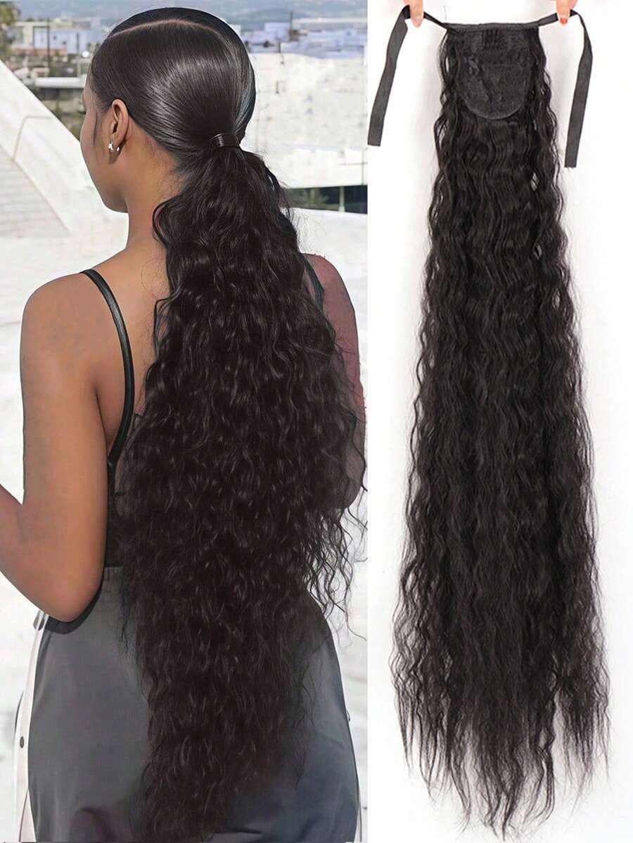 Extensiones de cabello de fibra sintética ondulada y rizada de 16 a 34 pulgadas, pieza de cabello rizado natural de cola de caballo de color negro