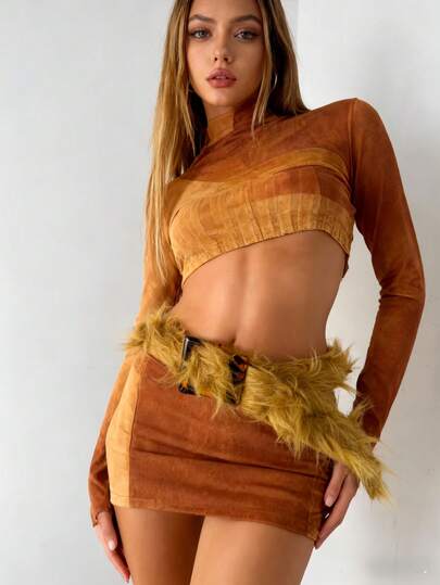 新款蓬松人造毛皮渐变色街头风毛绒腰带