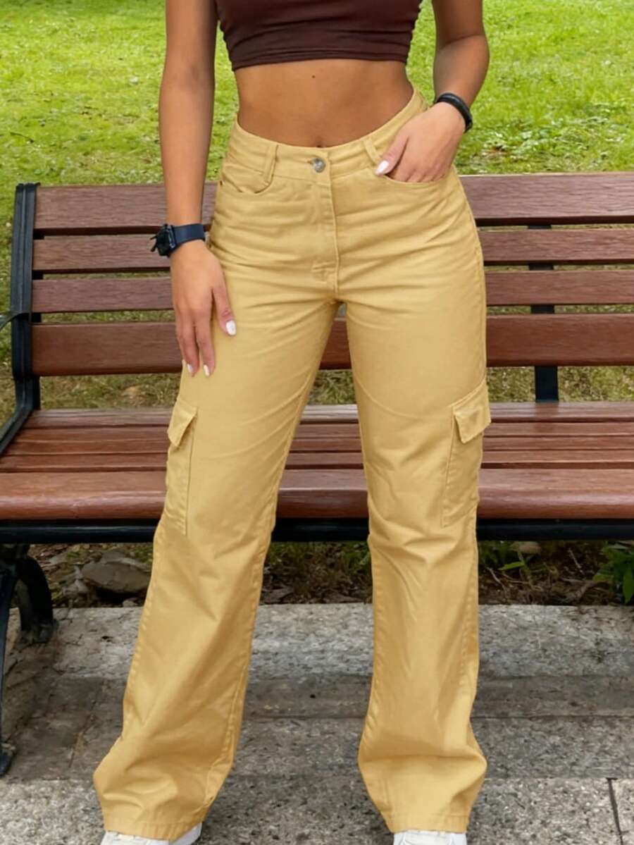 Women's New Multi-Pocket Straight Leg Cargo Pants, American Hot Girl Style, High Waist, Slimming Casual Sports Pants - Màu Khaki - Xem 1