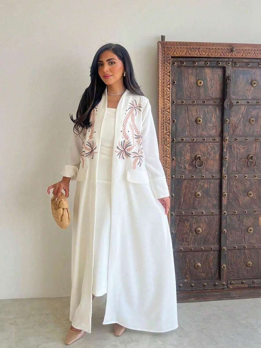 Elegant & Charming Spring/Summer Embroidered White Long Abaya Cardigan Shawl For Women Eid - White - View 1