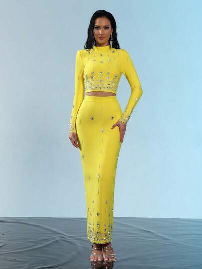 2pcs Set Elegant High-End Luxury Rhinestone Decor Turtleneck Long Sleeve Top + Skirt, Bandage Long Sleeve Top & Skirt Set, Suitable For Wedding Guest, Bridesmaid, Holiday Party, Formal Evening Gown