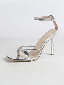 Women's Fashion High Heel Sandals, PU Leather Strap Thong Sandals, Sexy Party Backstrap Buckle Peep Toe Slingback Flat Sandals, Classic Square Toe Sandals, Summer Outdoor Regular Style Women Silver Sandals, High Heel Sandals With Silver Electroplated Stiletto Heel, Minimalist - Silver - View 8