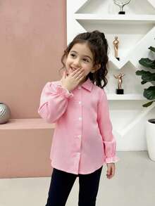 Blusa con maniche a sbuffo a righe rosa e bianche per ragazze, stile dolce e minimalista, carina - Rosa - Visualizzare 2