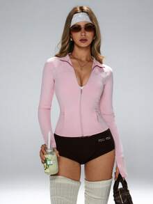 Phong cách Âu-Mỹ, dáng ôm tôn dáng, thiết kế tiện dụng, trang phục đa năng - Thích hợp cho yoga/hoạt động ngoài trời/tập luyện, tối ưu hóa sự thoải mái khi vận động, #Thời trang thể thao đô thị #Phong cách thể thao #Lớp áo đa năng, Áo khoác tập luyện nữ có túi, Áo khoác yoga ôm dáng, Áo chạy bộ có lỗ xỏ ngón tay, Áo khoác cổ lọ thể thao ngoài trời mùa xuân - Hồng - Xem 11