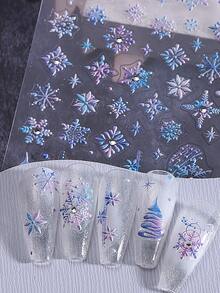 2 Stücke Farbverlauf Schneeflocken 5D Prägung Nagelkunst Aufkleber Winter Schnee Stern Weihnachtsbaum Dekor mit Kristall Strass Elegante bunte Nageldesigns für Acrylnägel Selbstklebende Maniküre Dekoration Nägel - Verschiedenfarbig - Übersicht 6