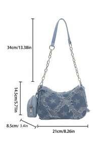 Decorative Buckle Detail, Stitching, Chain Strap Shoulder Bag, Women's Decorative Buckle Shoulder Bag, Street Fashion Hobo Bag, Small To Medium Crossbody Bag And Wallet Set, Suitable For Shopping, Dating, As A Gift For Ladies, Suitable For Teenagers, College Students, Work, Business, Commuting - Blue - View 6