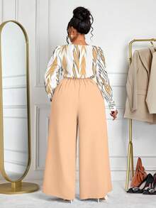 BIUBIU 大码撞色印花衬衫和纯色阔腿裤两件套 - 杏色 - 查看 2