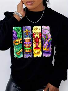 Mardi Gras Festival Sweatshirt With Colorful Mask Cake Crawfish And Crown Design For Women And Men Celebrate New Orleans Party Wear - 黑色 - 查看 2