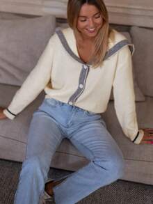 Áo cardigan dệt kim tay dài cổ thủy thủ dành cho nữ, cài cúc phía trước, chất liệu nhẹ, dáng suông, phong cách thời trang thường ngày phù hợp cho việc đi làm, áo len dễ thương. - Màu be - Xem 3