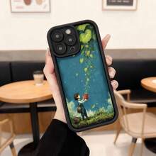 Cubierta de teléfono con borde negro diseño ilustración niña regando planta cielo azul y hojas verdes para uso diario en cafeterías y espacios urbanos Aplicable a los teléfonos de la serie Apple y Galaxy - Negro - Ver 2