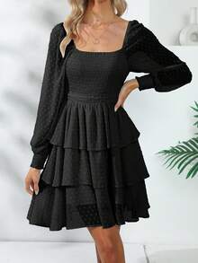 Vestidos Casuales de Manga Larga con Mangas de Rejilla para Mujer, Casual y Elegante Reversible - Negro - Ver 3