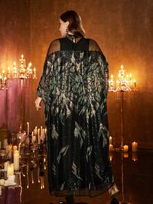 UNITHORSE Plus 女式立领蝙蝠袖超长款新款奢华串珠蕾丝刺绣两件套土耳其长袍连衣裙 - 黑色 - 查看 2