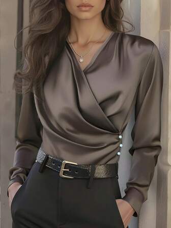 Blusa elegante de mujer con cuello en V, unicolor, con volantes, manga larga, cómoda para fiesta y oficina