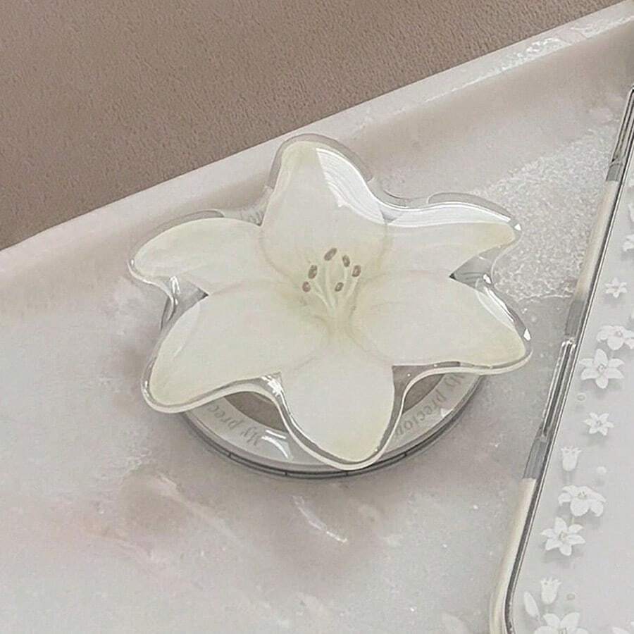 White Lily Flower Magnetic Phone Case Stand, Expandable Portable Minimalist Phone Holder Bracket Compatible With IPhone, Android Phone, Gift For Birthday, Family, Friends Push-Pull Phone Grip Phone Accessories - 彩色 - 查看 1