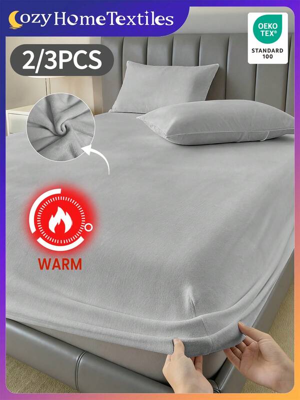 2/3pcs Solid Color Crystal Velvet Fitted Sheet Set, Sheet Sets With Pillowcases, Bedding, Cozy And Breathable Bedding Set, Skin-Friendly And Comfortable, Comforter Cover Set, Soft And Anti-Pilling, Cute Home Textile, Room Decor, 1 Fitted Sheet And 1/2 Pillowcases, Sofa Cover, Bed Sheets, Cama Queen, Queen Bed Sheets, Bedding King Size, Bed Sheets, Bed Sheets Set, Bed Cover