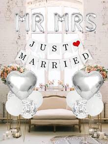 18件套 - 16英寸银色“Mr & Mrs”字母铝箔气球套装，包含“Just Married”横幅、白色乳胶气球、五彩纸屑气球和心形气球，适用于新娘送礼会、单身派对、婚礼、订婚、室内外装饰。 - 彩色 - 查看 7