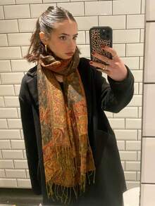 1条女士波西米亚风复古佩斯利提花羊绒围巾，休闲优雅防晒披肩，适合日常佩戴 - 巧克力棕 - 查看 5